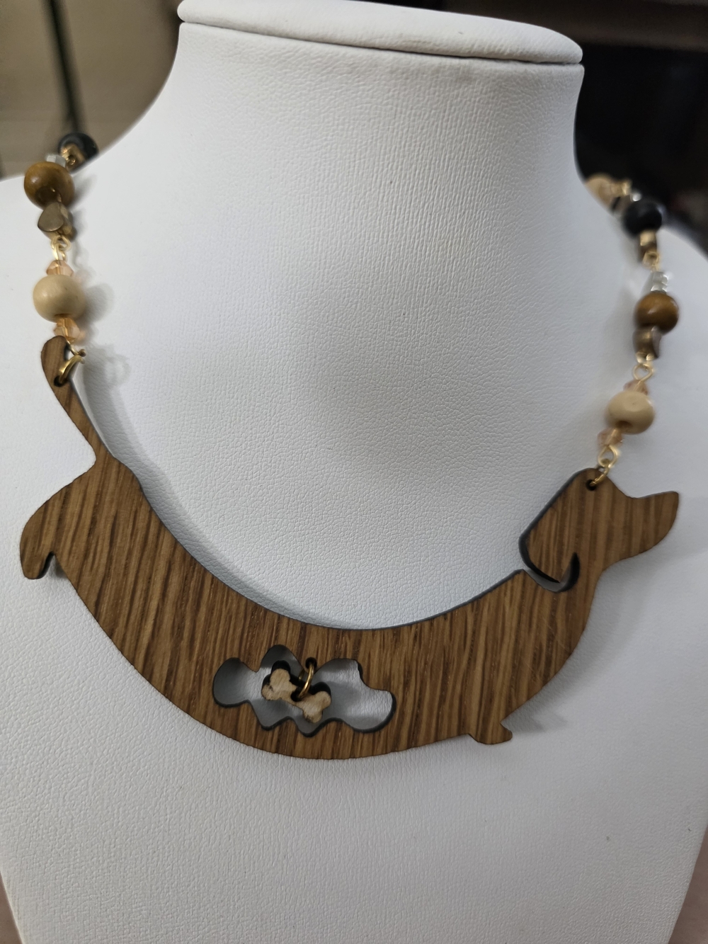 Wood Grain Daschund Dog Pendant Necklace in Brown